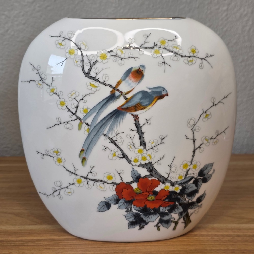 Vintage Jay Japan Oval Pillow Vase Fine China Porcelain Birds & Cherry Blossoms